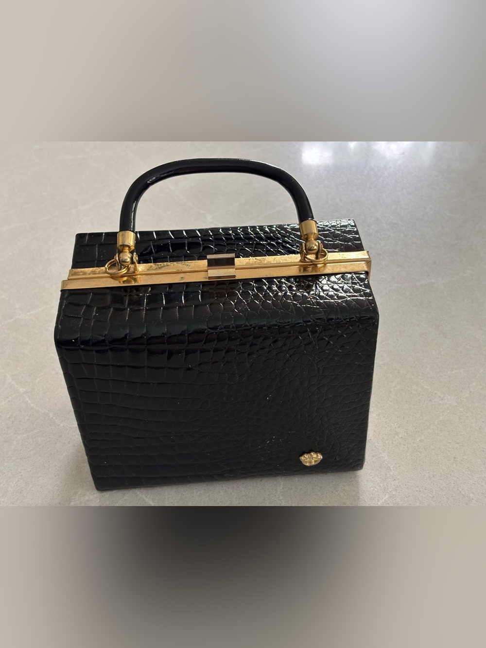 Vintage Black Faux Croc Embossed Box Handbag Gold Hardware MCM Flawed Classic